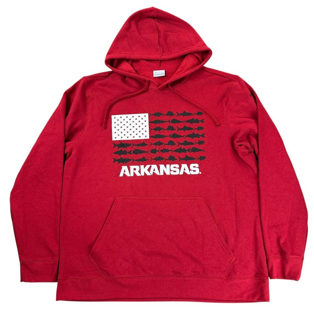 Columbia PFG Arkansas Razorbacks Fish Flag Hoodie Mens XL Red Pullover NEW